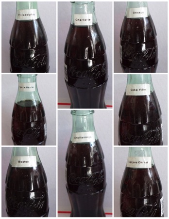 € 40,00 coca cola 8 flessen plaatsnamen deel 1, Philadelphia, Terre haut, Boston, Charlotte, Chattanooga, Chicago, Cokeville, corpus christ